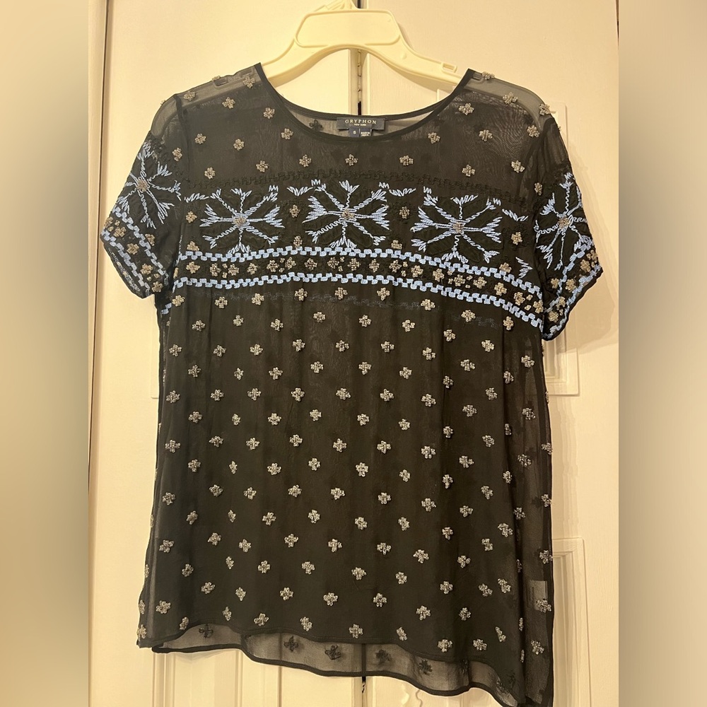 GRYPHON Black Sheer Beaded Short Sleeve Silk Top - Size S